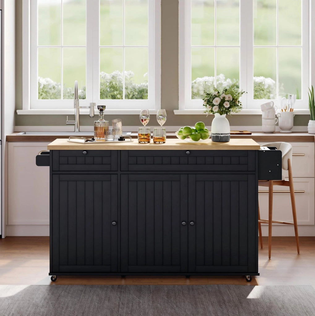 Isola cucina con piano ribaltabile 137 cm; mobile su ruote con cassetti; ripiani; MDF nero naturale