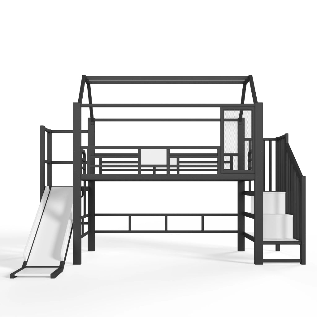 Letto a soppalco a casetta 90 x 200 cm in metallo nero con scivolo e LED