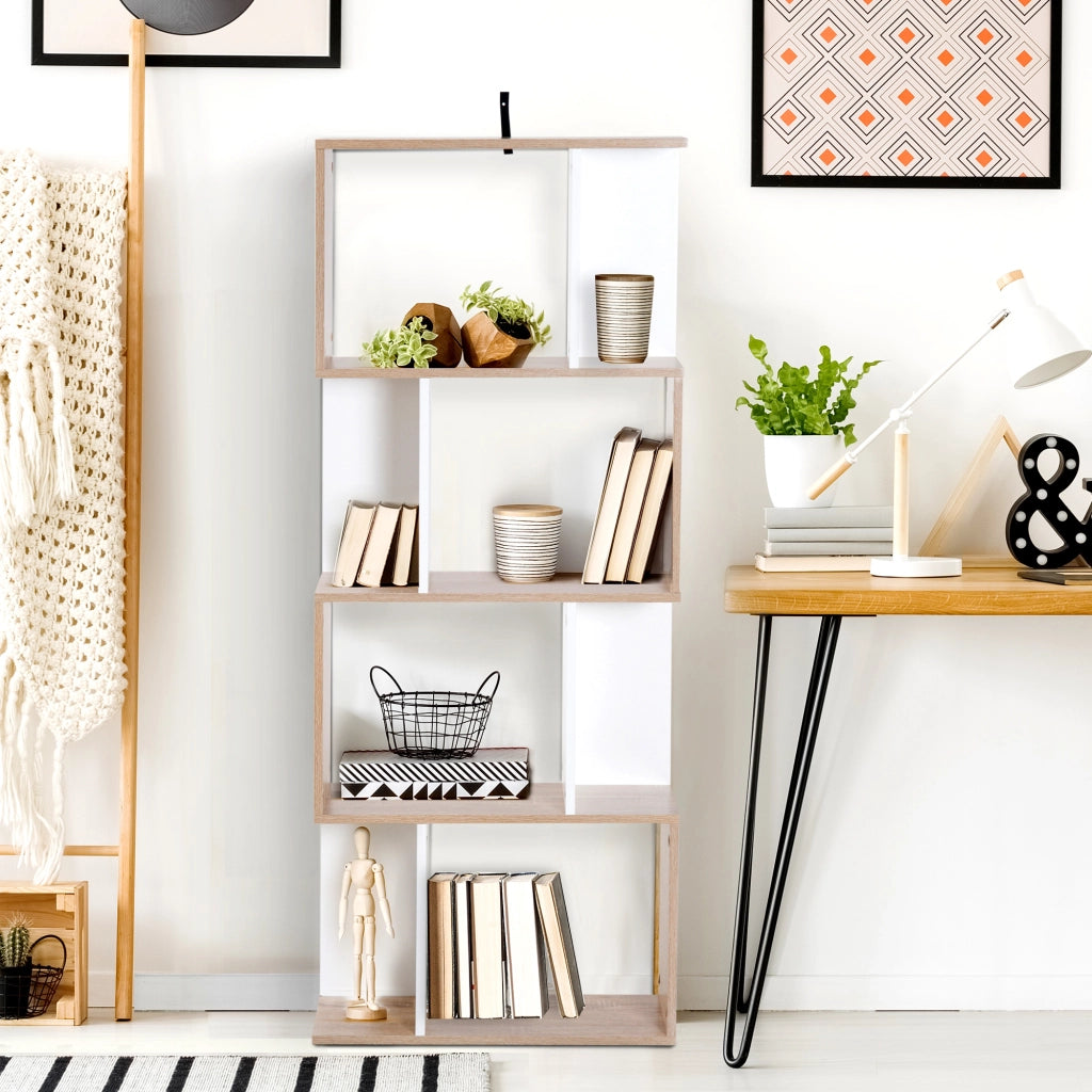 Libreria 4 livelli a S ¨C zephmum ¨C legno naturale e bianco 60x24x148