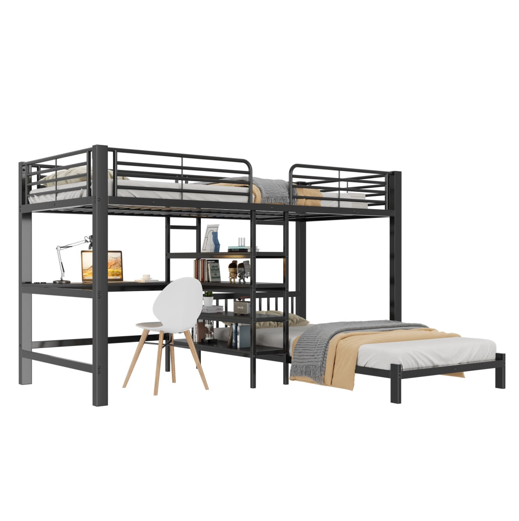Letto a soppalco con scrivania, ripiani e prese USB, nero 90 x 200 cm