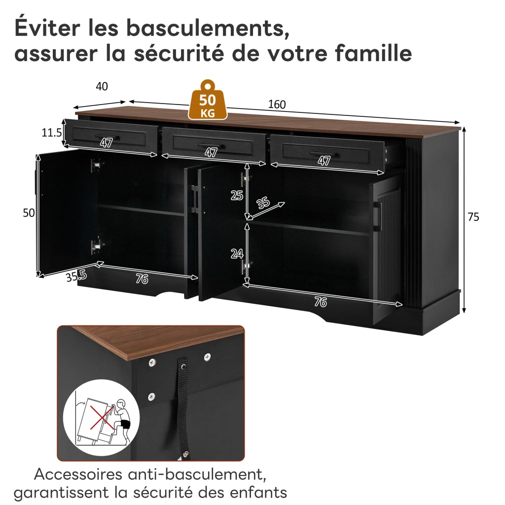 Credenza e madia con 4 ante 3 cassetti e 2 vani, in MDF, nero, per soggiorno e ingresso, 160 × 40 × 75 cm