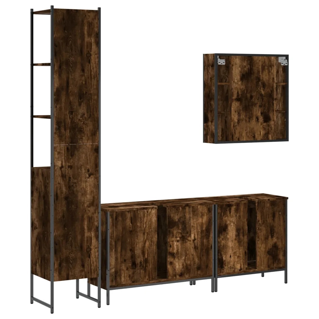 Set Mobili da Bagno | Armadio da bagno 4 pz Rovere Fumo in Legno Multistrato