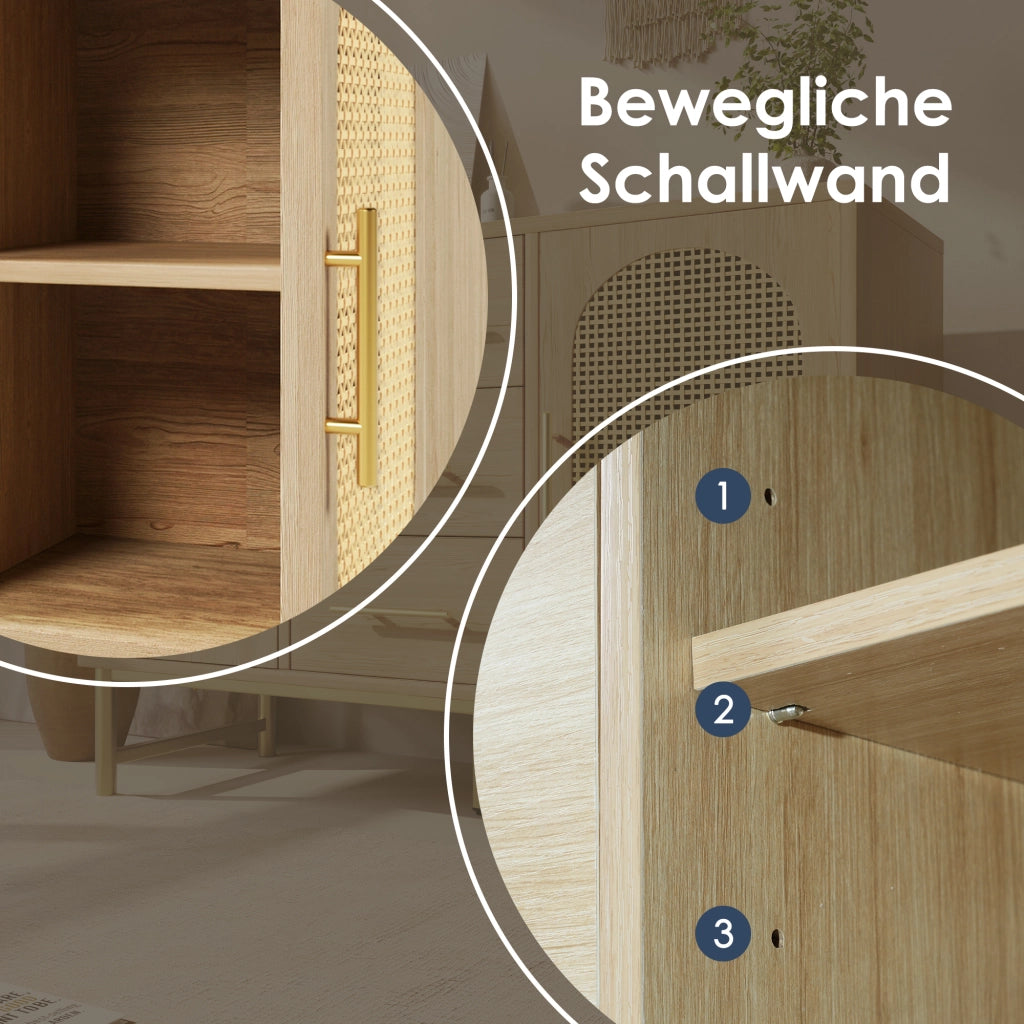 Credenza con 2 Ante in Effetto Rattan e 3 Cassetti; Ripiano Regolabile; 120??40??74 cm; Rovere Sonoma