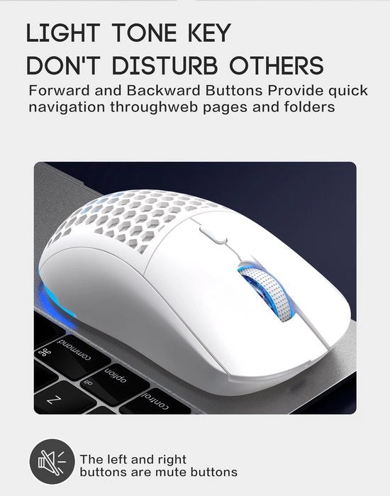 Maus con illuminazione RGB, perforato, wireless, leggero, design a cavità, compatibile con PC/Mac, colore bianco