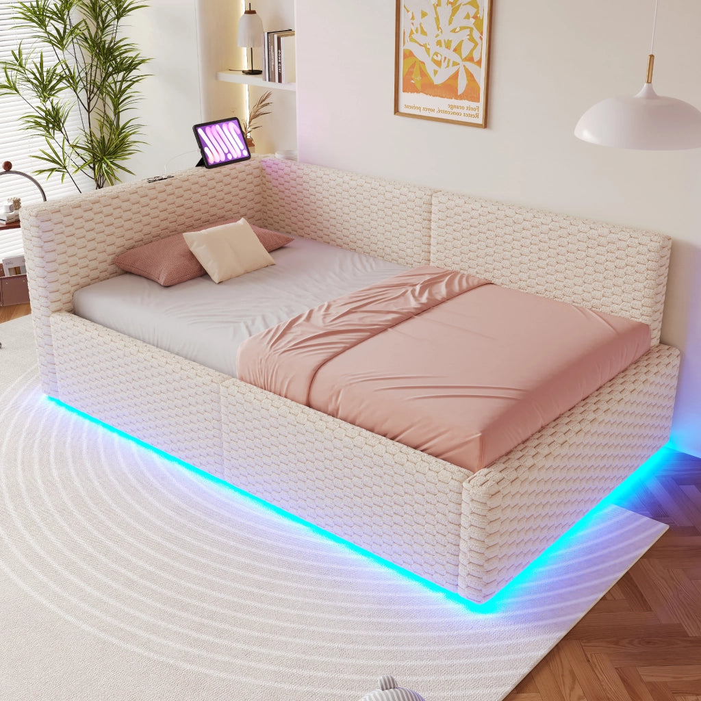Letto imbottito singolo 90×200 cm con contenitore; LED; USB e Type-C; senza materasso; velluto; beige