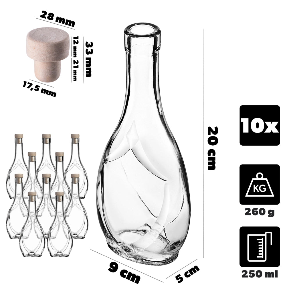 KADAX 10 bottiglie di vetro Icona da 250 ml per vino, liquori, distillati, alcolici, succhi di frutta + tappi di sughero