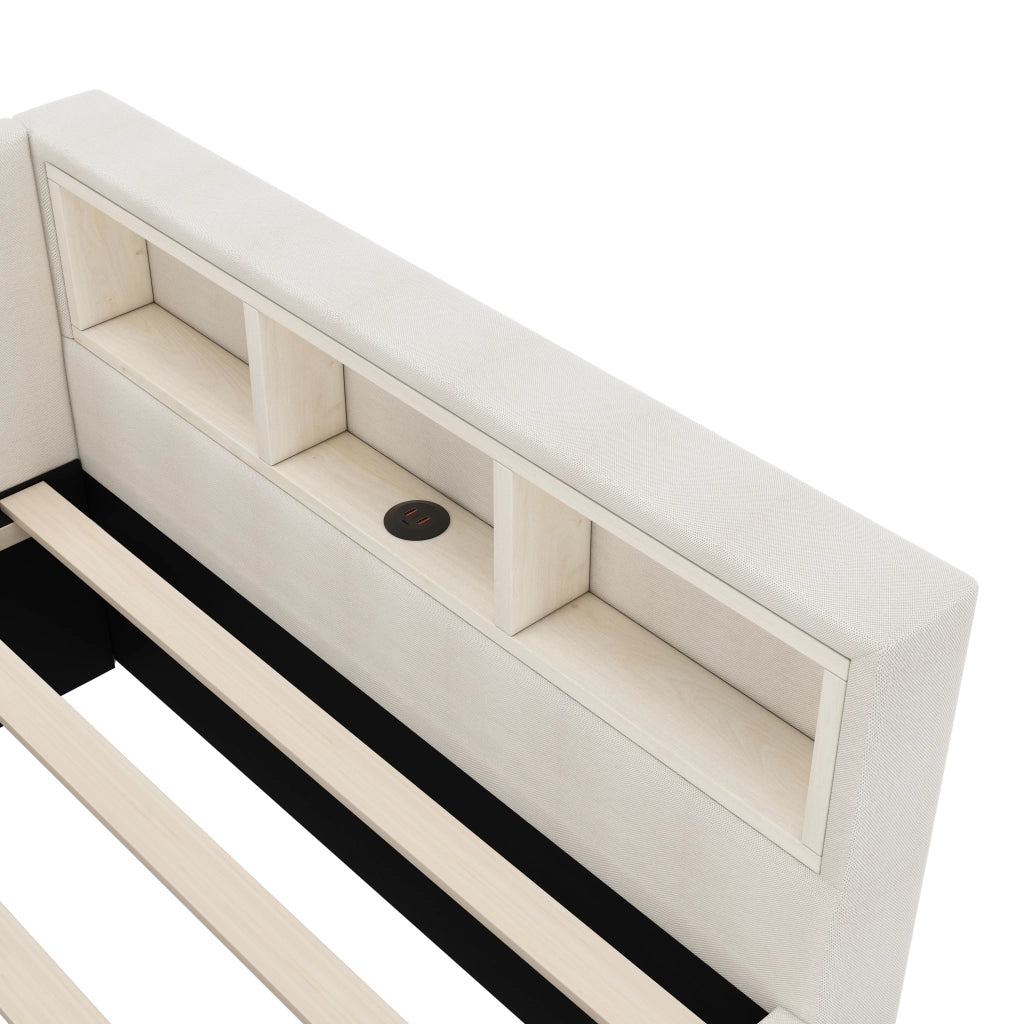 DESMIU Divano letto 90 × 200 cm 1 posto con USB, Type-C, LED, vani, senza materasso, beige