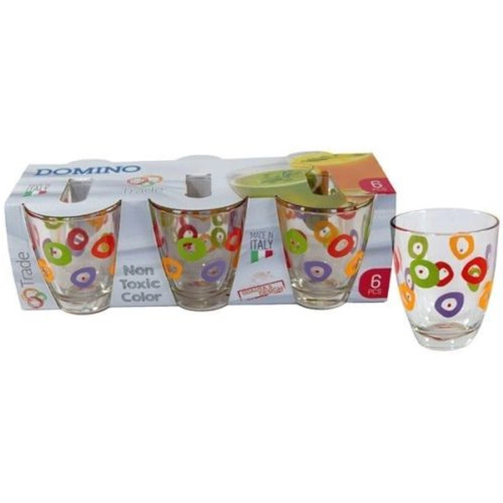 Trade Shop - Set Servizio 6 Bicchieri In Vetro Decorati Con Cerchi 250ml Stile Retrò Anni 60 -