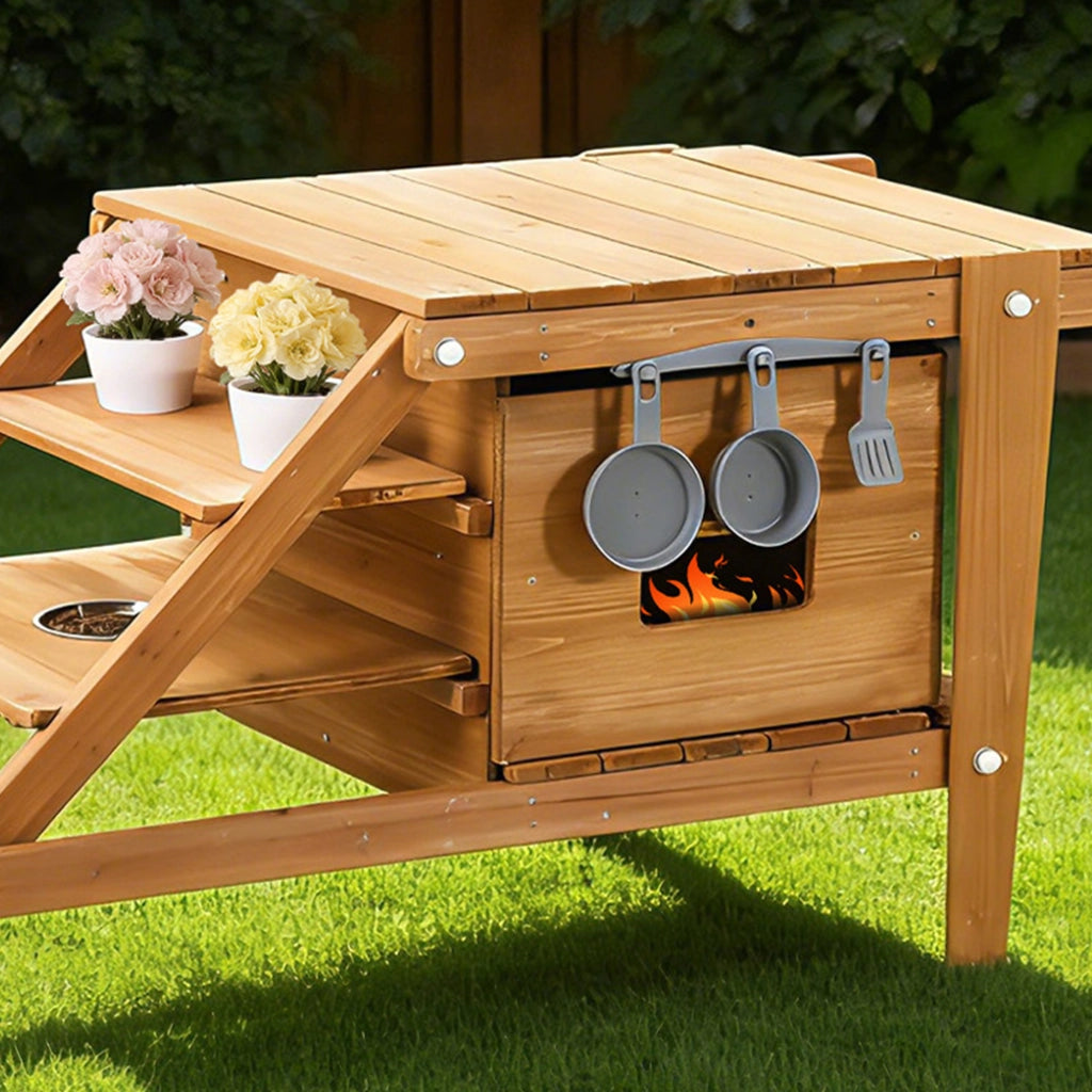 Cucina da gioco da esterno in legno naturale con ruote, forno magnetico e accessori per bambini da 3 anni