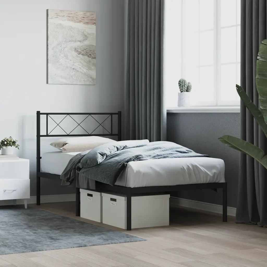 Letto singolo | Letto per adulti | Giroletto con Testiera in Metallo Nero 90x190 cm