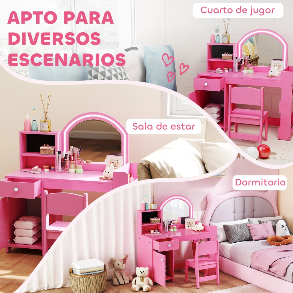 Cassettiera per Bambini con Specchio LED ¨C zephmum ¨C Rosa, Legno, 5 Ripiani