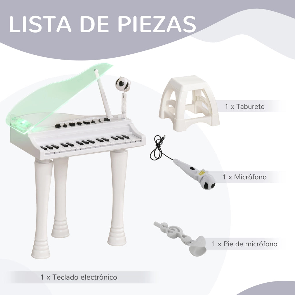 Piano Giocattolo per Bambini con Microfono e Sgabello ¨C zephmum ¨C 37x30,5x60,4 cm Bianco