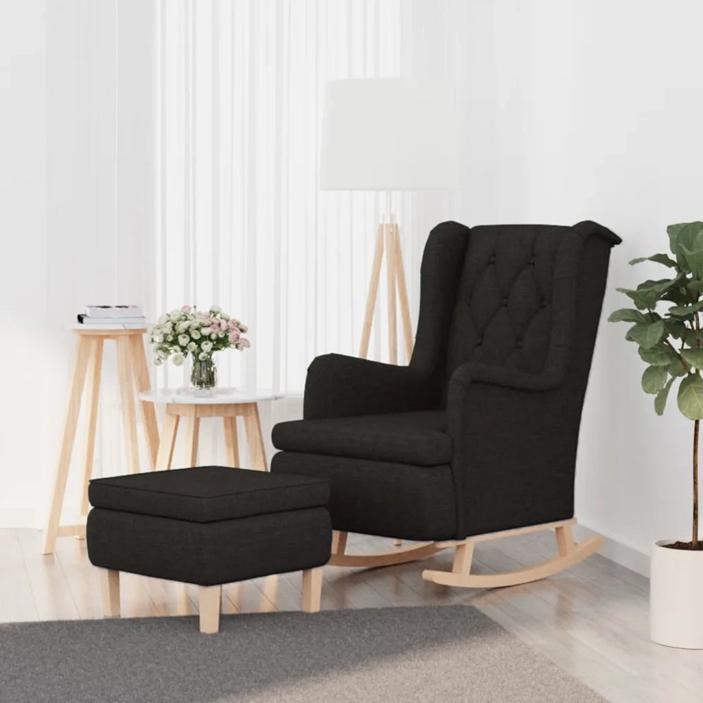 Poltrona con Gambe a Dondolo | Sedia Relax e Sgabello Nero in Tessuto