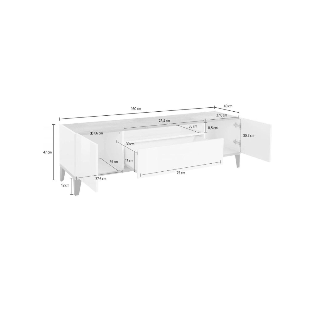 Mobile da soggiorno Porta Argentoro, Made in Italy, Supporto per Argentoro da salotto a 2 ante e 1 cassetto, Cm 160x40h47, Bianco lucido e Ardesia