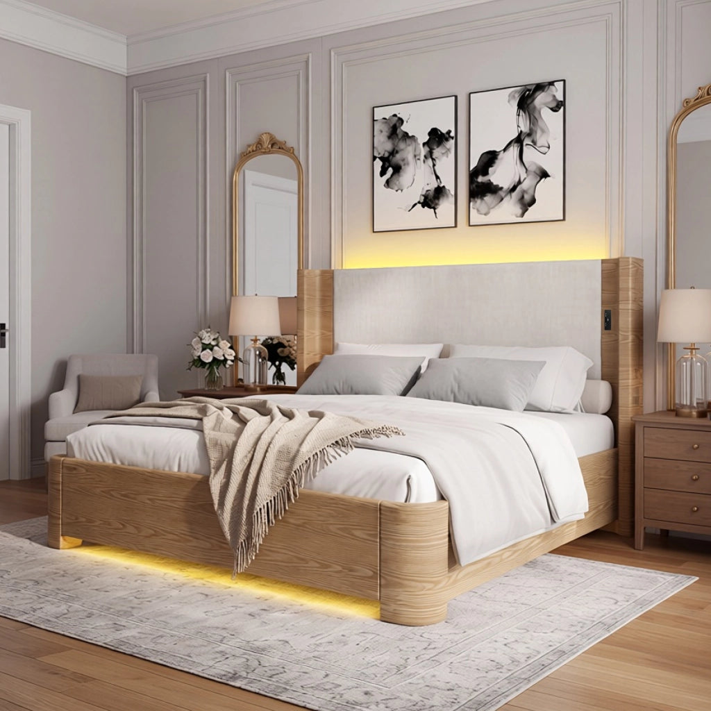 Letto contenitore matrimoniale 180 × 200 cm con LED a 7 colori, materasso non incluso, in velluto beige
