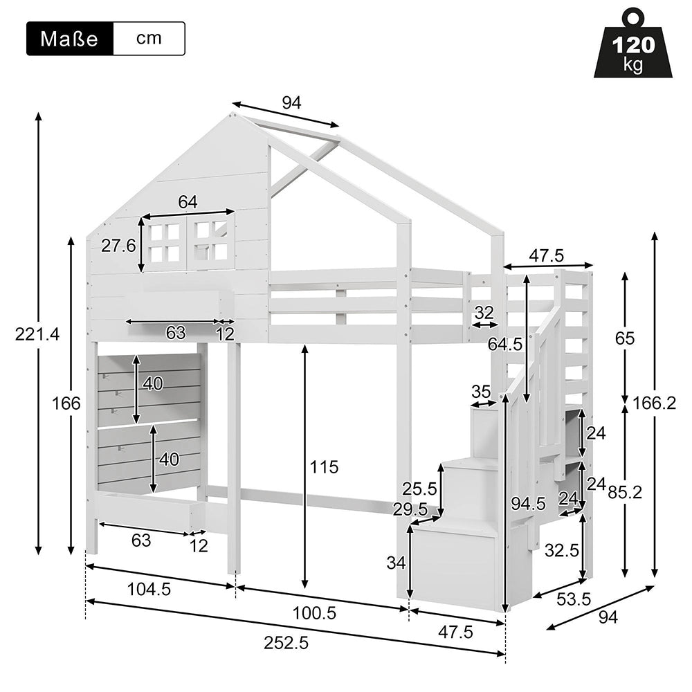 Letto mezzanino-Xylo-90x200cm barriera sicurezza scala legno massiccio