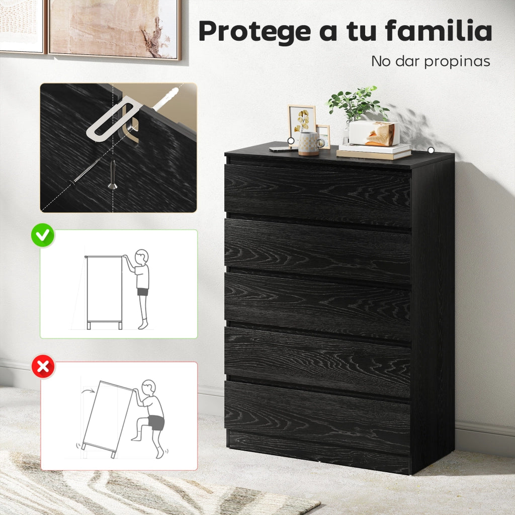 Cassettiera Moderna 5 Cassetti ¨C zephmum ¨C 77x40x111,5 cm Nero Effetto Legno