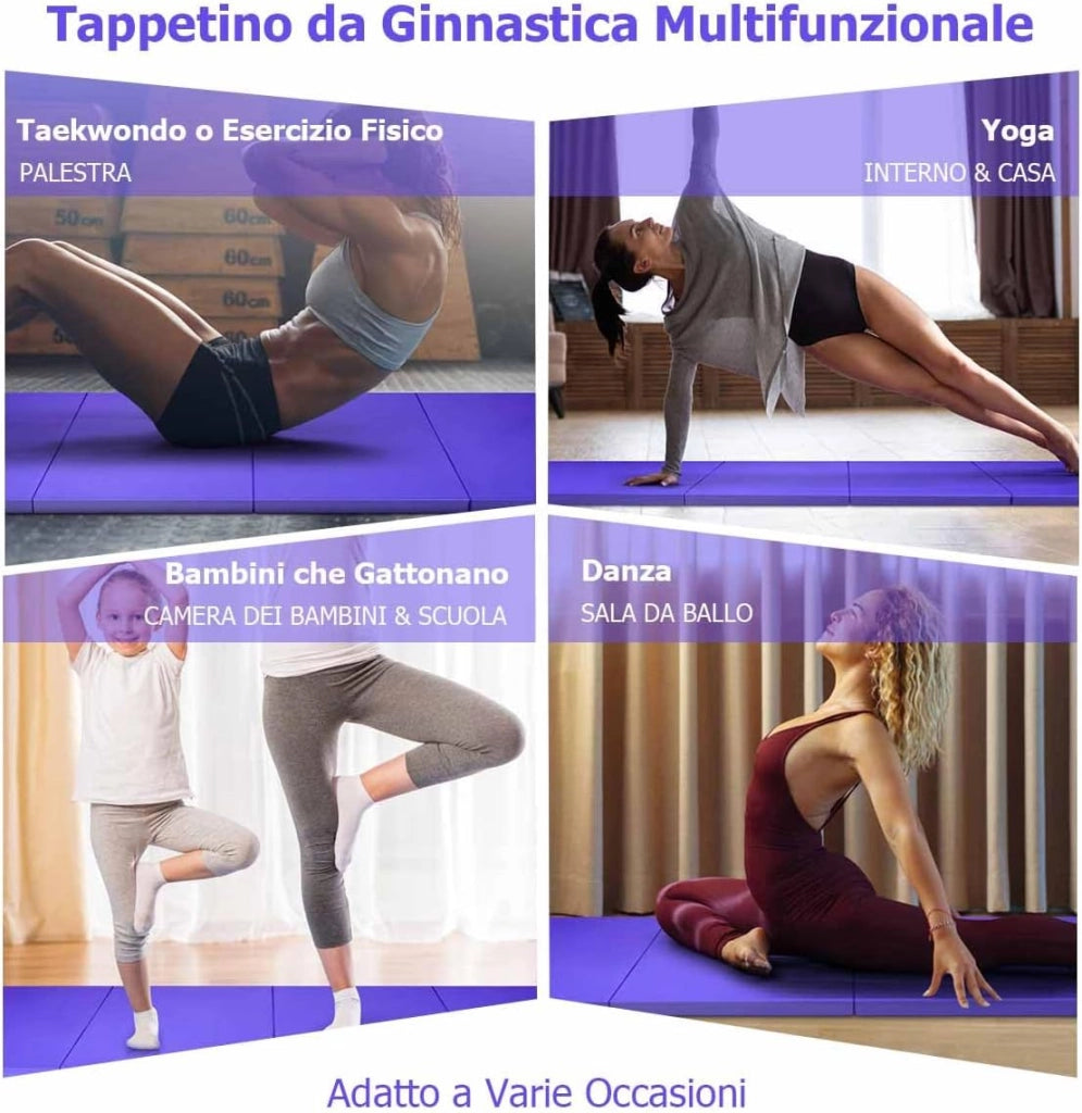 Tappetini da Ginnastica Pieghevoli 300 x 116 x 5 CM con Ganci e Maniglia Comoda Pelle PU, Ideale per Arti Marziali/Ginnastica/Pilates, Viola