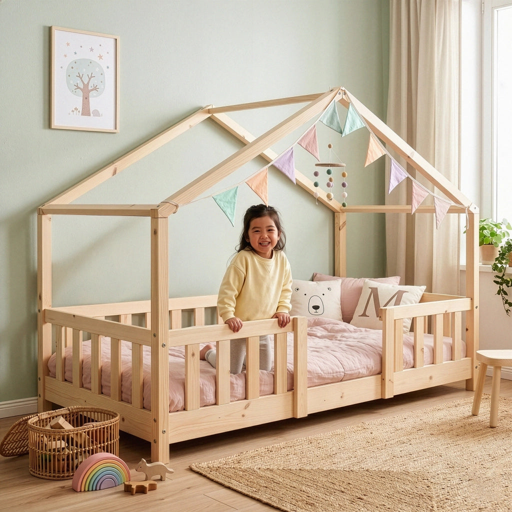 Letto per Cameretta Treviolo a Forma di Casetta in Stile Montessori 80x160 cm Naturale [en.casa]