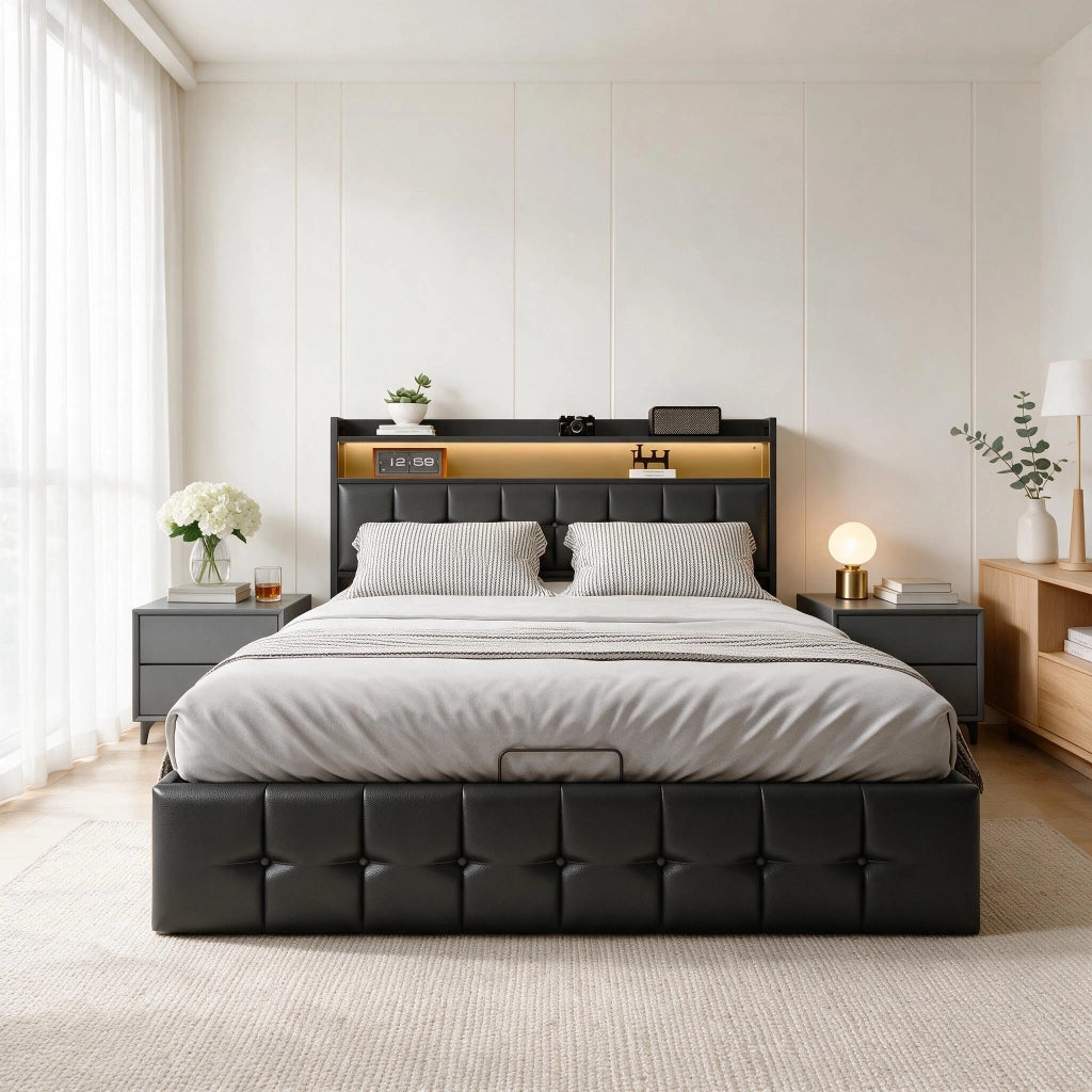 Letto matrimoniale 160x200 cm con contenitore LED USB testiera struttura letto MDF e PU - nero