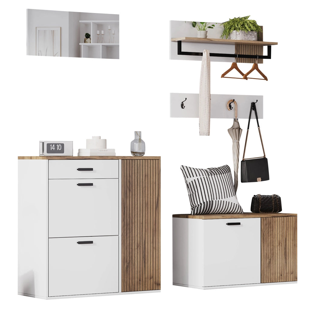 Composizione ingresso 5 pezzi con scarpiera; panca; specchio e 4 ganci; bianco e rovere