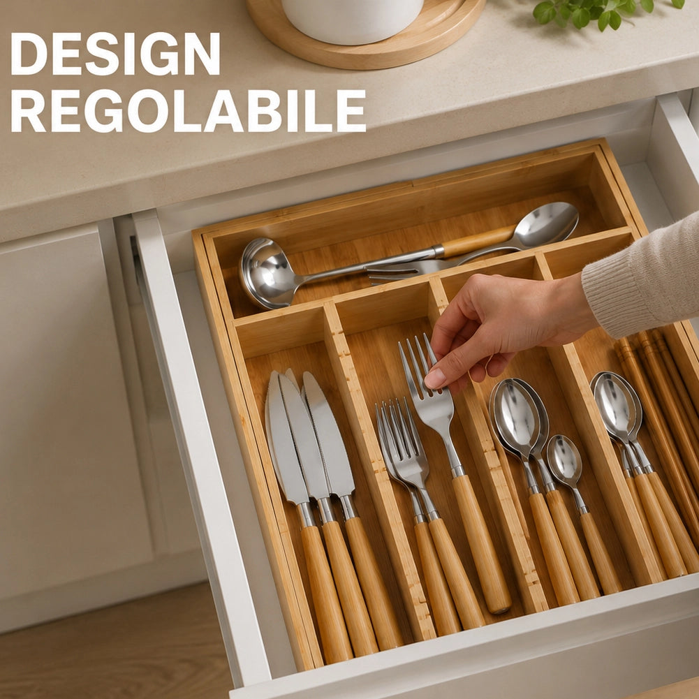 Portaposate Estensibile in Bambù Porta Posate Organizer da Cucina 46x33.5x6cm