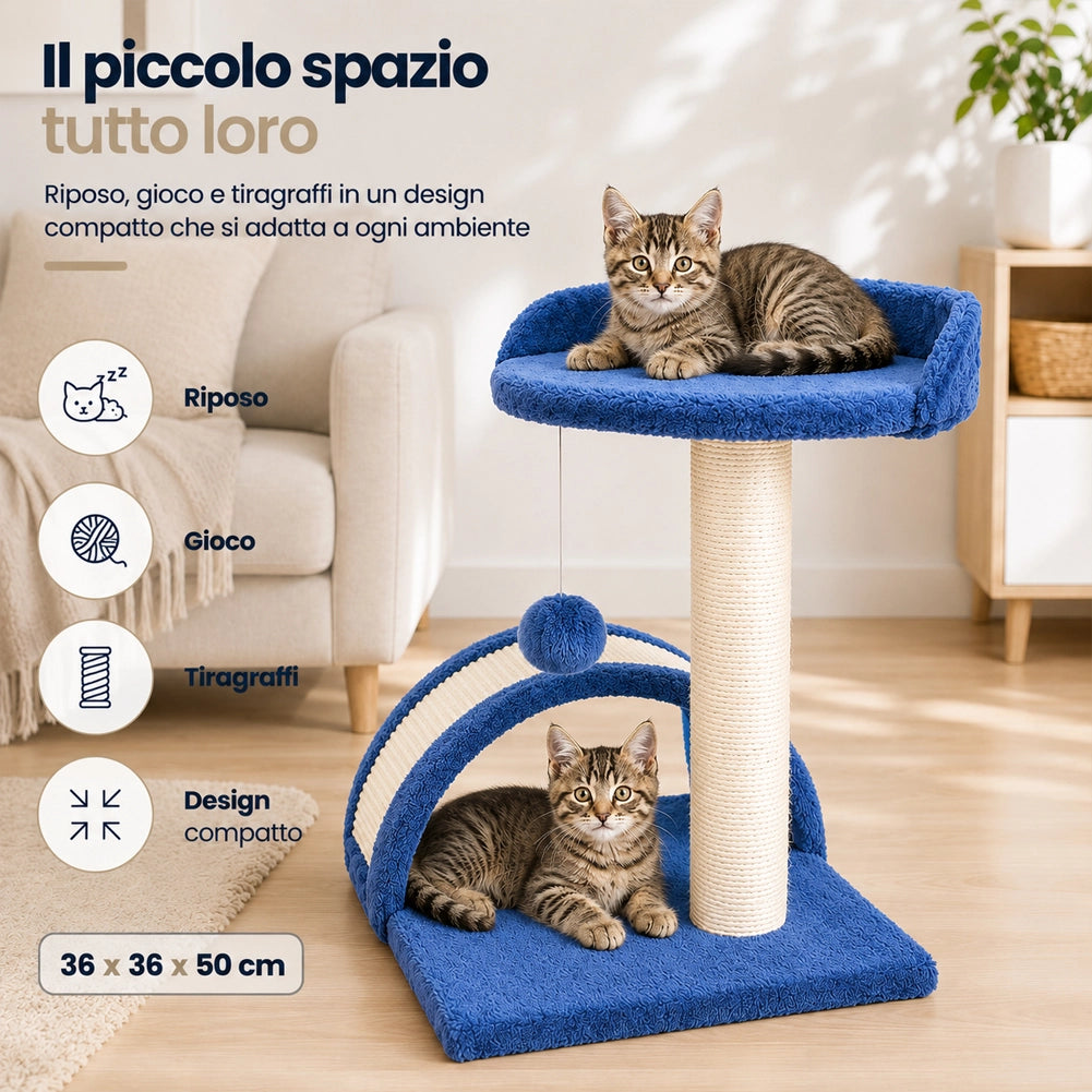 Tiragraffi Per Gatti Blu Con Gioco Pallina Palo 50cm Topolino Tunnel Soffice