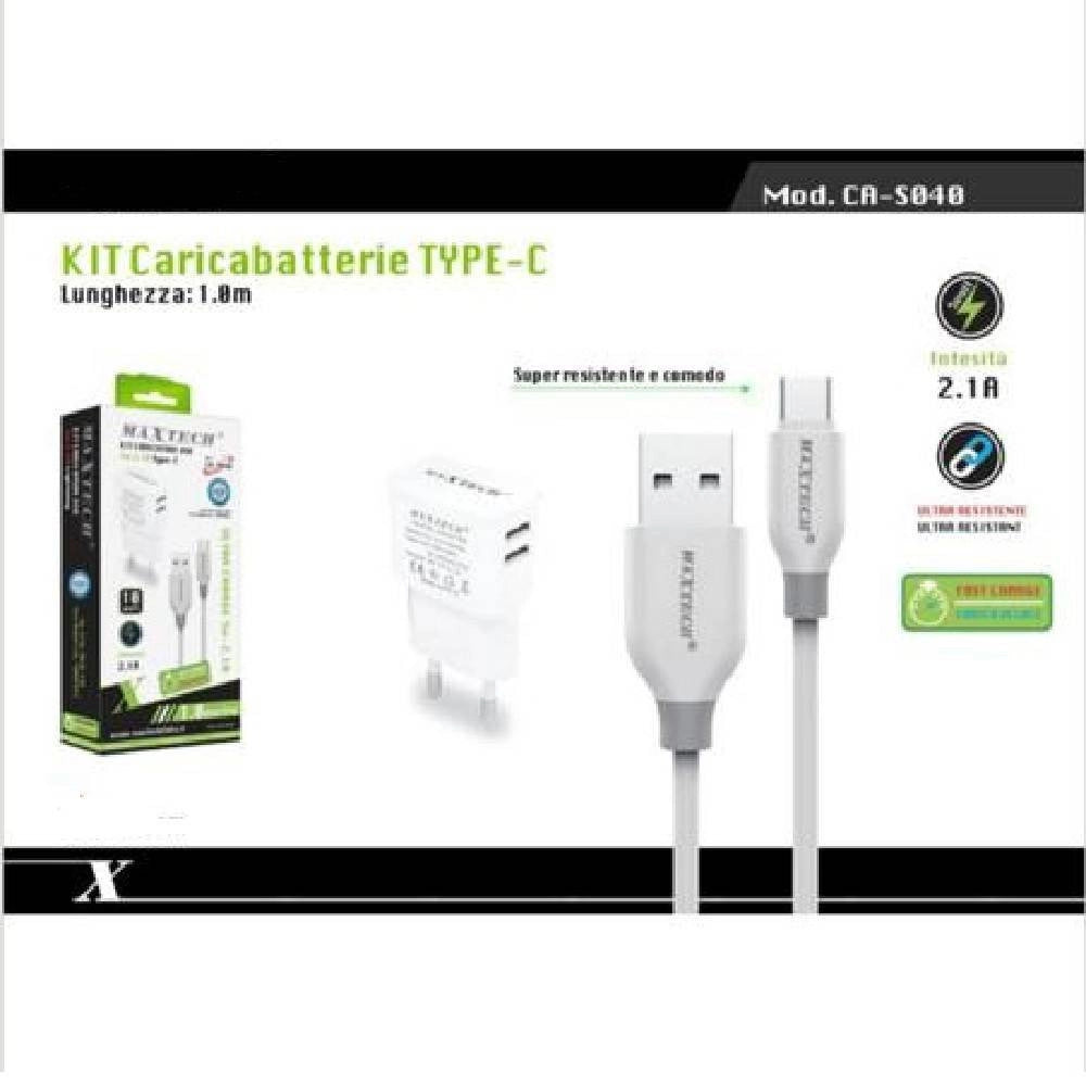 Trade Shop - Kit Caricabatteria Spina 2 Porte Usb + Cavo Type-c 1 Metro 3a Maxtech Ca-s040 -