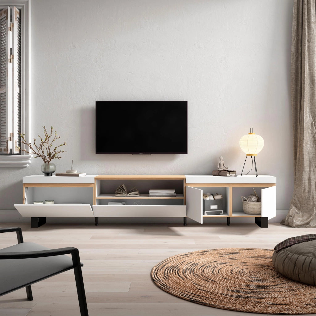 Mobile TV Soggiorno, 288x57x35 cm, TV di grande formato, Design industriale, Bianco e Rovere soft