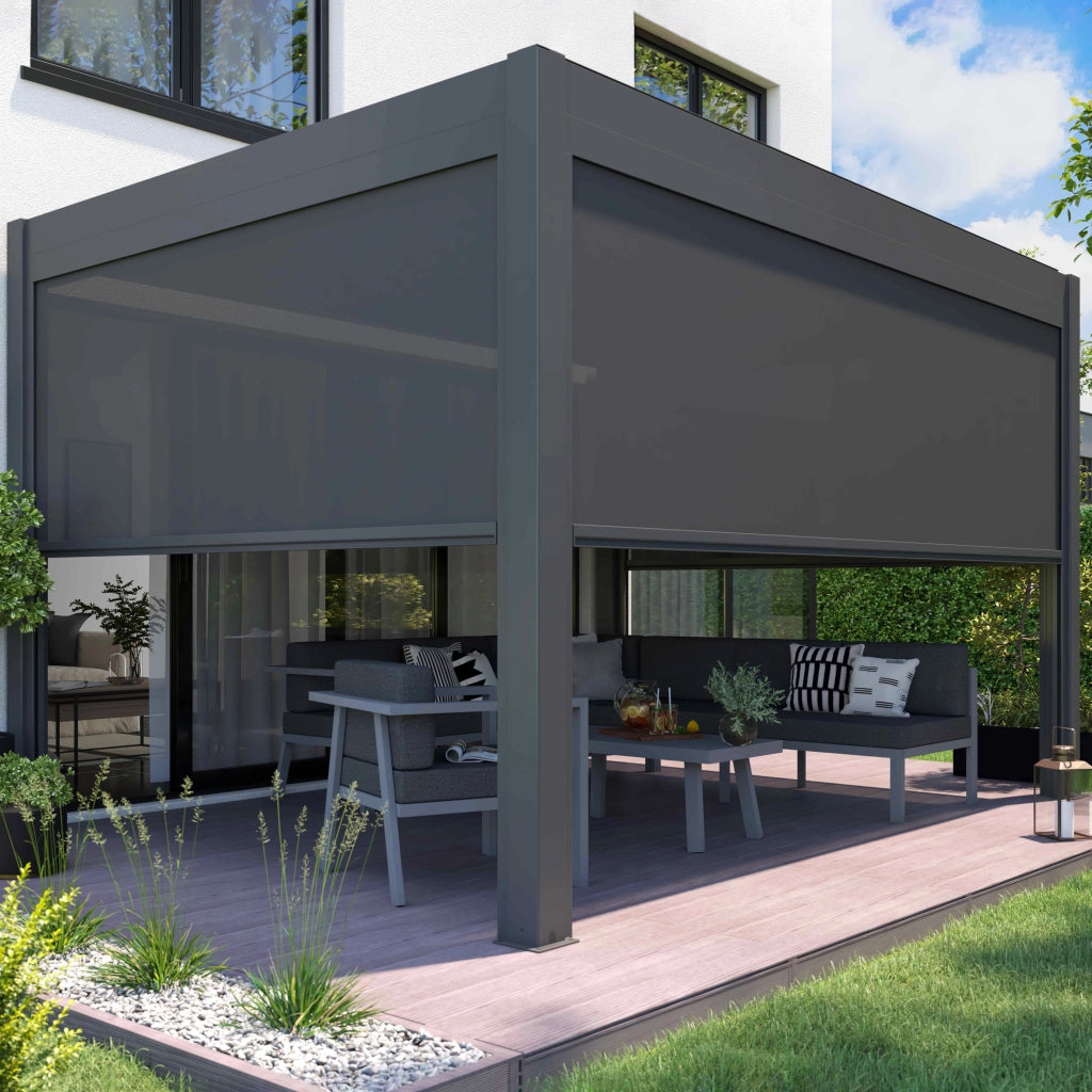 Pergola bioclimatica autoportante e illuminata 3x4m e 1 tenda