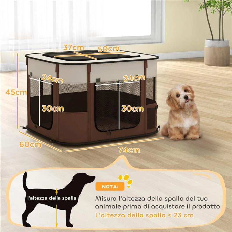 BOX PER ANIMALI CON 6 FINESTRE, 3 PORTE E 2 BORSE PORTAOGGETTI, POLIESTERE E ACCIAIO, 74X60X45 CM, MARRONE