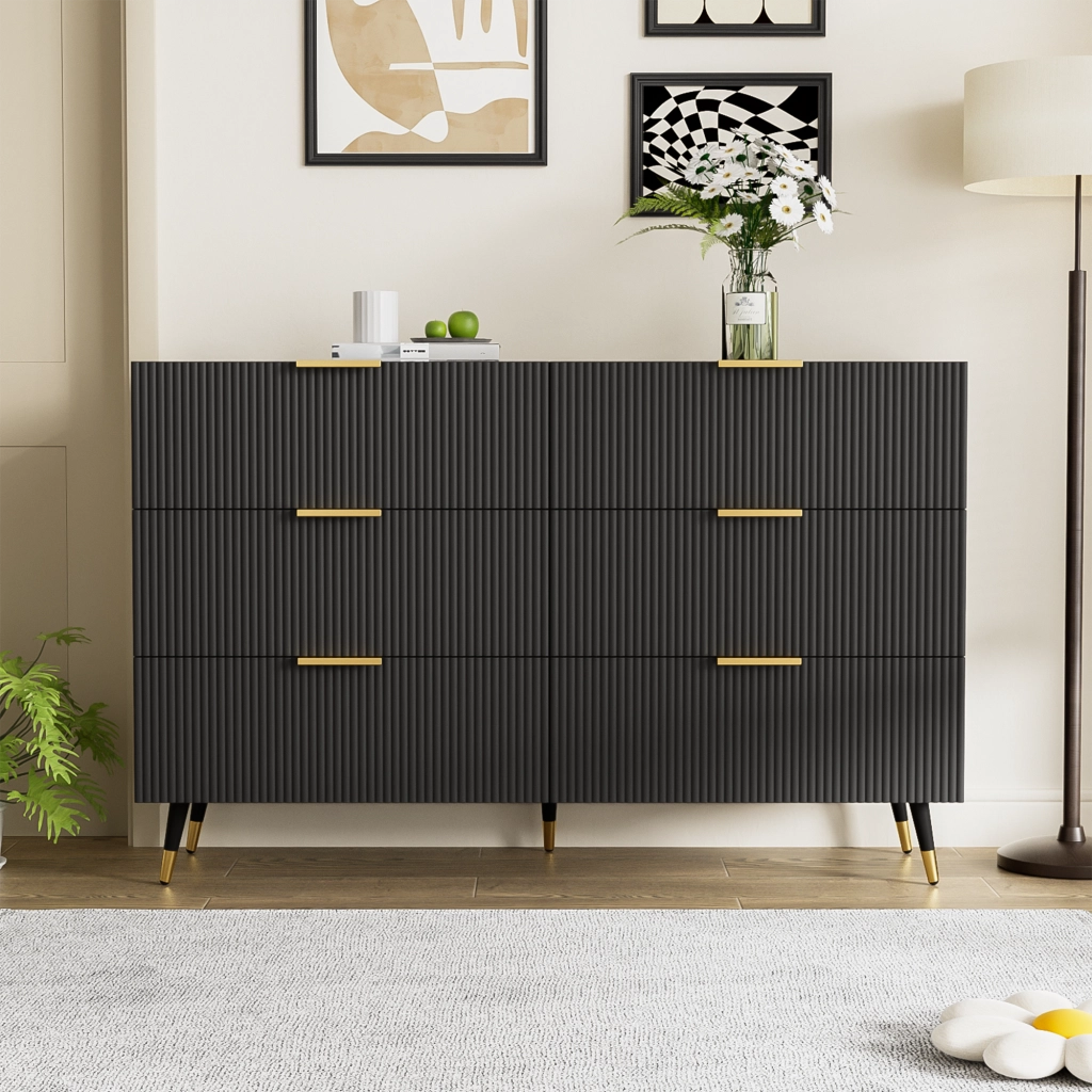 Madia con 6 Cassetti; Maniglie e Gambe Dorate per Soggiorno in Pannello di Particelle 120×40×77 cm