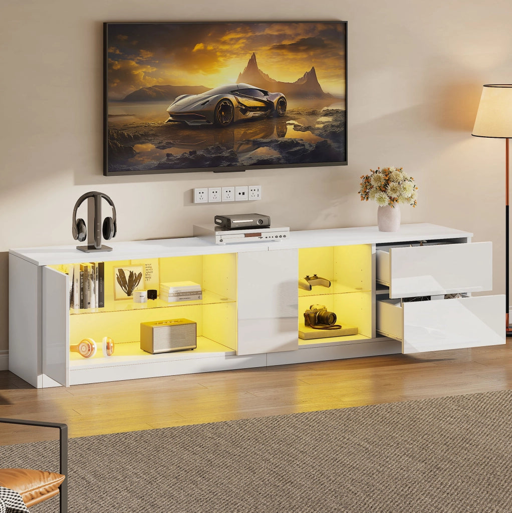 Mobile TV 160x40x52 cm con LED; 2 cassetti e anta; MDF bianco
