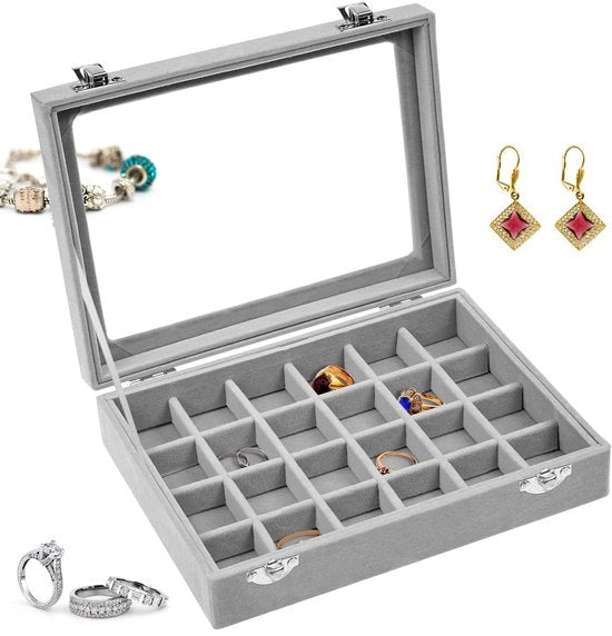 Cassetto di conservazione per orecchini, 24 rilievi, organizzatore di accessori con coperchio in vetro trasparente, scatola di conservazione per orecchini, vetrina per accessori per donne, ragazze, compleanno, matrimonio, San Valentino, Pasqua.