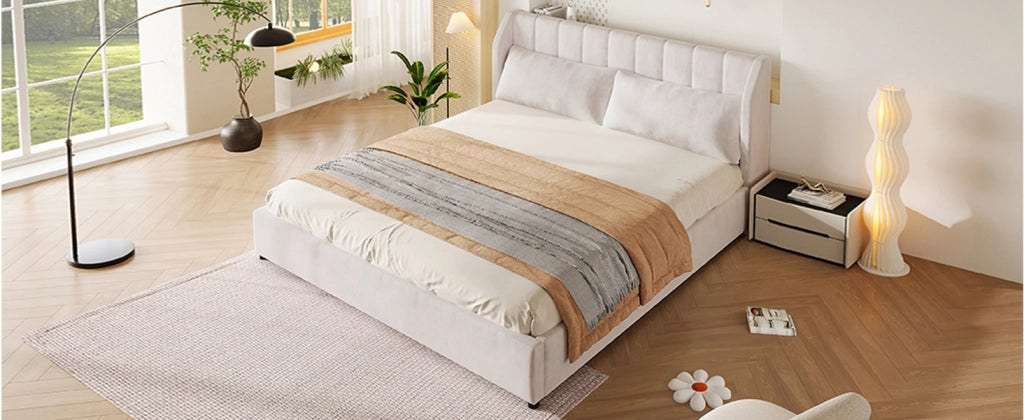 Letto matrimoniale 180 × 200 cm con testiera imbottita e 2 cuscini, senza materasso, in velluto, beige