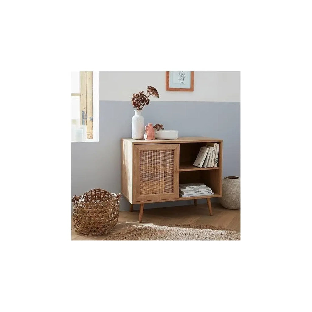 Comò ALTA in rovere chiaro con porta in rattan - Design scandinavo e pratico per il storage