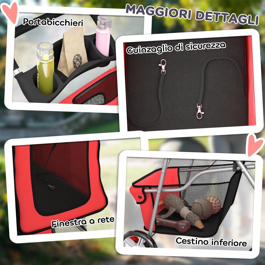 Passeggino per Cani Pieghevole 77x44x102 cm Ruote Girevoli Freni e Cuscino Lavabile in Tessuto Rosso