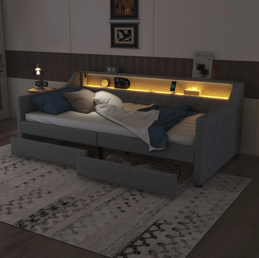 Daybed 90x200 cm con LED, USB e 2 cassetti