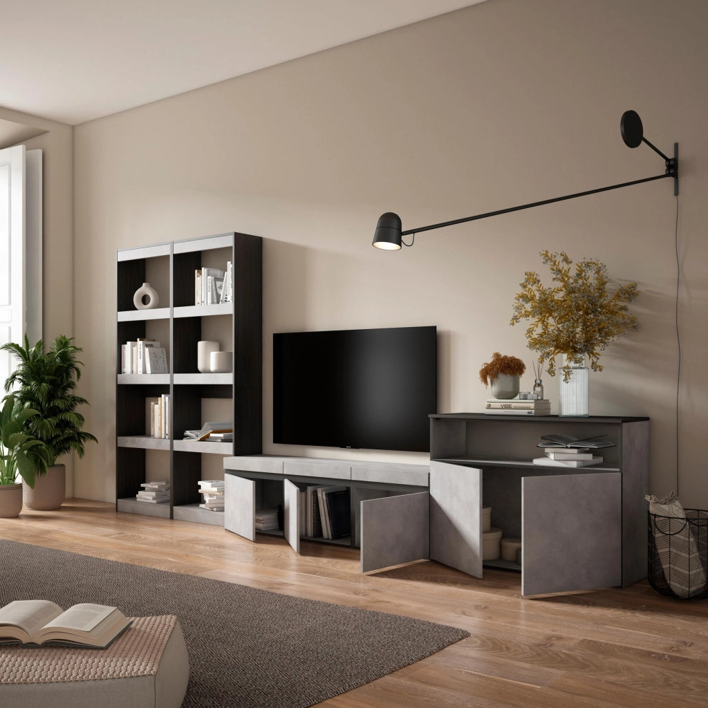 Mobile TV, Soggiorno, 370x35x186cm, Per TV fino a 65", Set di mobili, grigio cemento RF3169