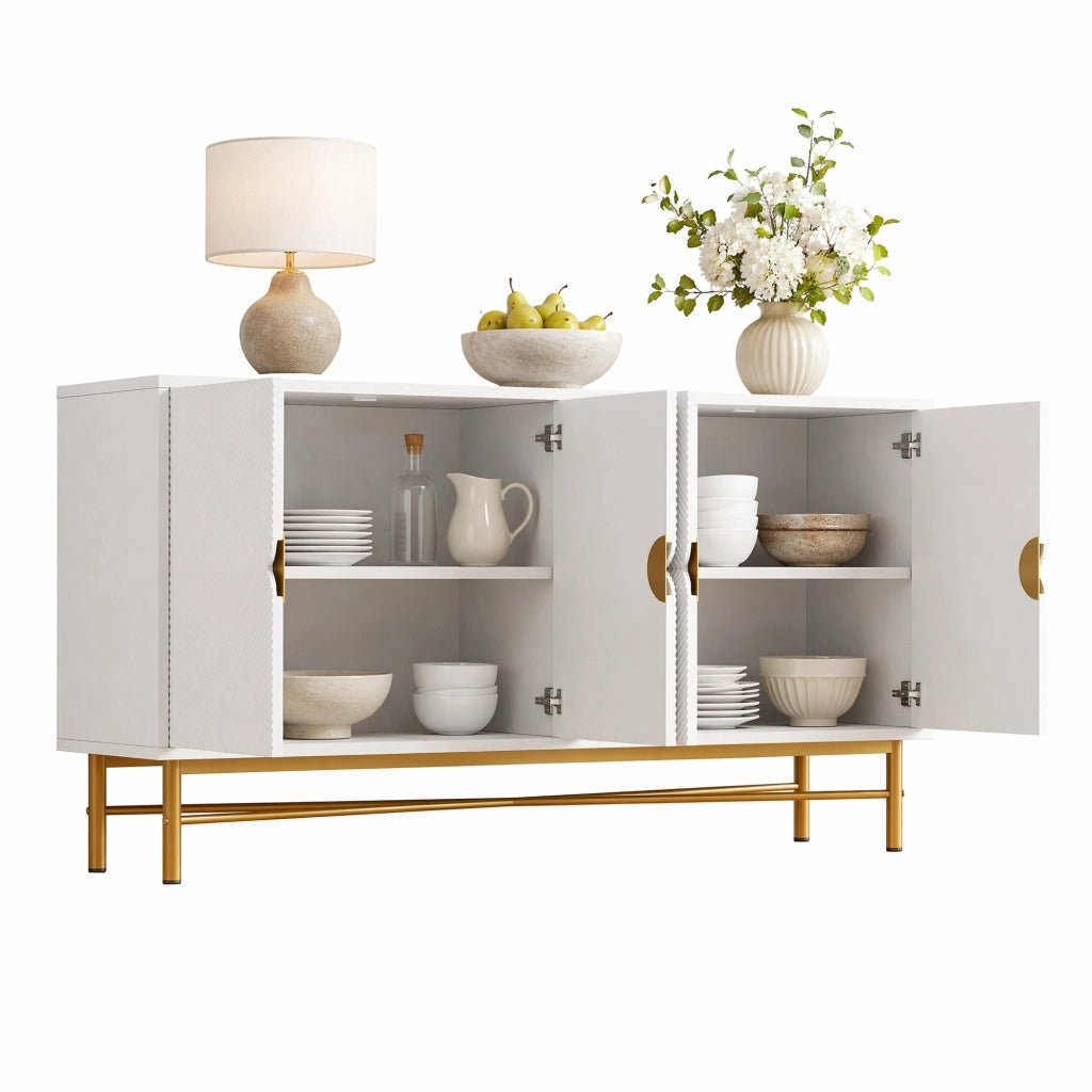 Credenza Bianca con 4 Porte, Superficie Testurizzata e Maniglie Dorate Spazzolate, 160×40×82 cm