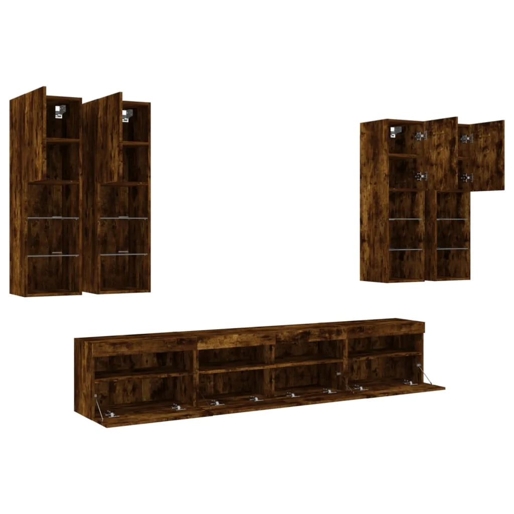 Set di 7 pezzi: armadio credenza mobile TV per soggiorno camera da letto e sala da pranzo da parete con luci LED finitura rovere fumé marrone 02_0025363