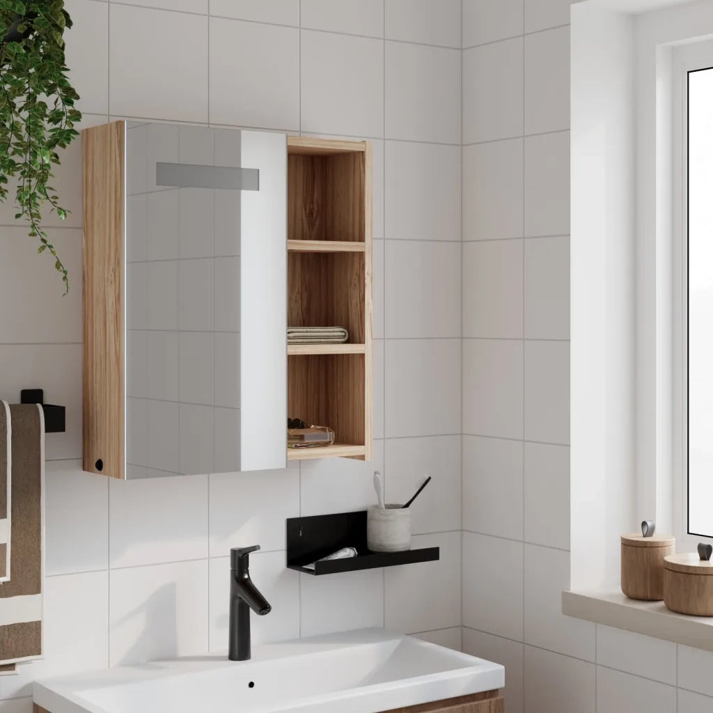 Armadietto Bagno con Specchio e LED-Mobiletto a specchio Rovere 45x13x52 cm
