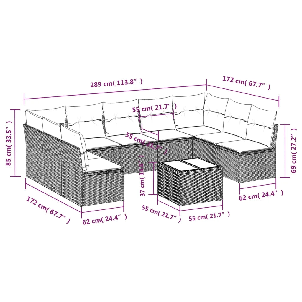 Set Divano Giardino 10 pz con Cuscini Grigio Chiaro Polyrattan