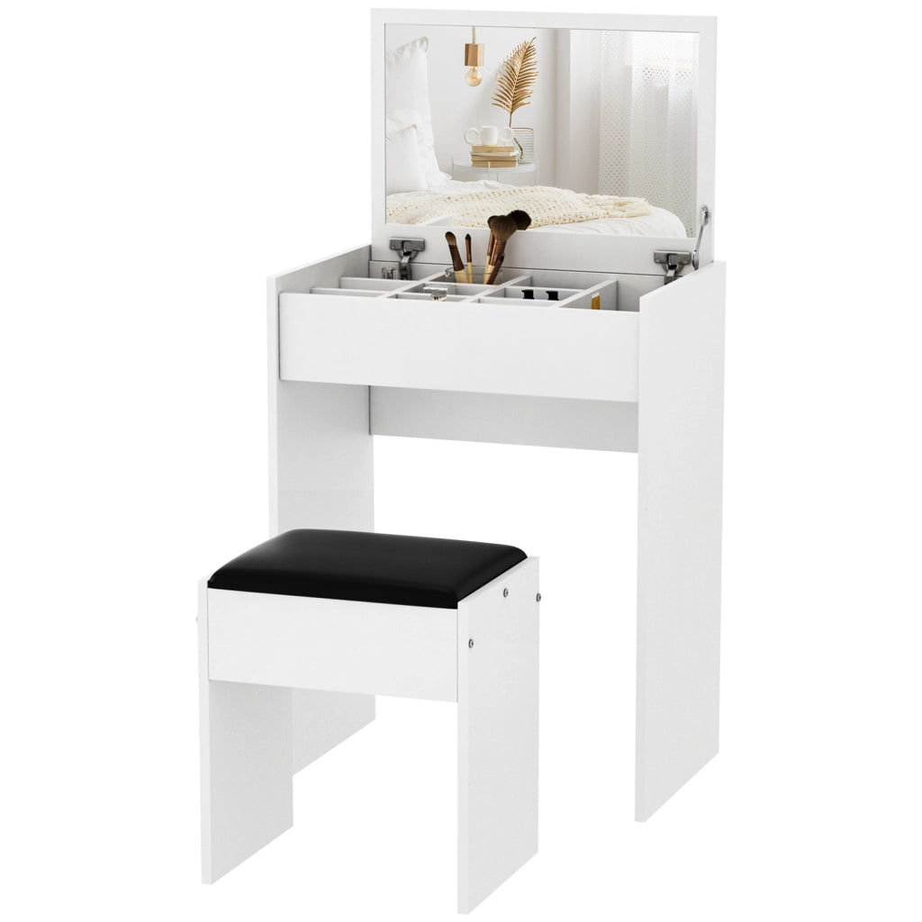 Scrivania Trucco con Specchio Richiudibile e Sgabello ¨C Minimal ¨C Bianco, MDF, 60.2x40.2x79 cm