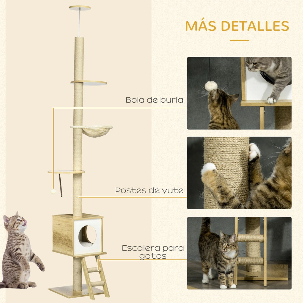 Albero tiragraffi per gatti altezza regolabile con gioco ¨C zephmum ¨C beige 40x40x225-285 cm