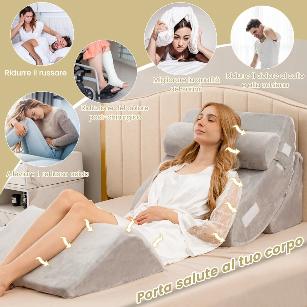Cuscino a cuneo in memory foam per letto con 4 pezzi, Set di cuscini di sostegno regolabile con poggiatesta Grigio-Cuscini