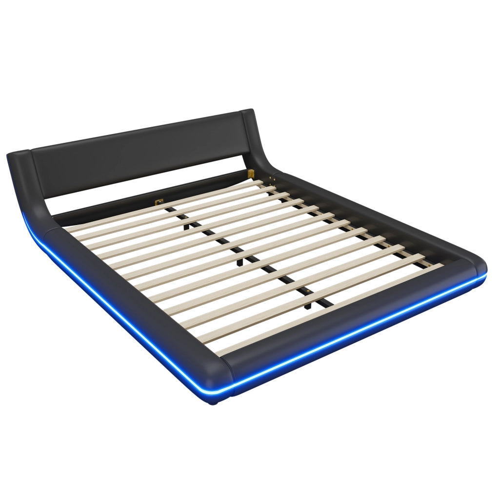 Letto a pavimento 160x200 cm in PU nero con LED RGB controllabili tramite app