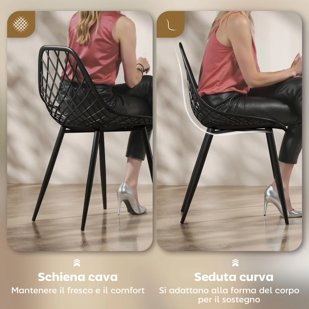 Set 4 Sedie da Pranzo Design Moderno con Schienale Traforato in Plastica Nero