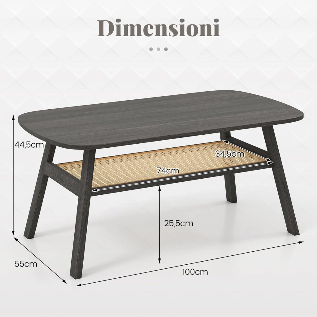 Tavolino da Salotto, Tavolo da Caffè a 2 Livelli in Rattan e Gambe in Legno di Gomma, Tavolo Rettangolare per Soggiorno, Ufficio e Salone, Portata 9,5 kg, 100 x 55 x 44,5 cm
