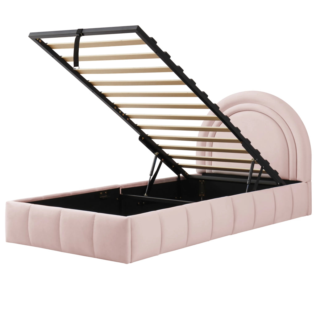 Letto Singolo Contenitore Imbottito ¨C MINIMAL ¨C Velluto Rosa 90x200, Testiera, Rete a Doghe, Idraulico